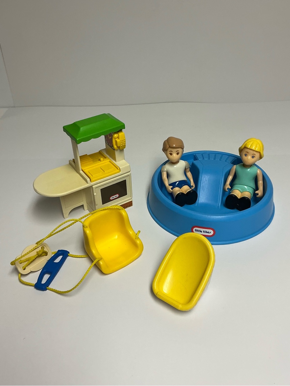 Vintage Little Tikes Dollhouse Lot- People, Pool, Kitchen Island, Swing, Chair